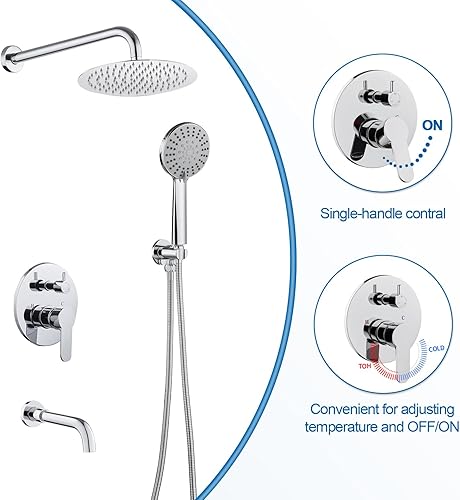 Miniatura 27 de Sistema de ducha de lluvia con boquilla de bañera, ducha de lluvia de 10 pulgadas y de mano, juego completo de grifo de ducha con válvula áspera