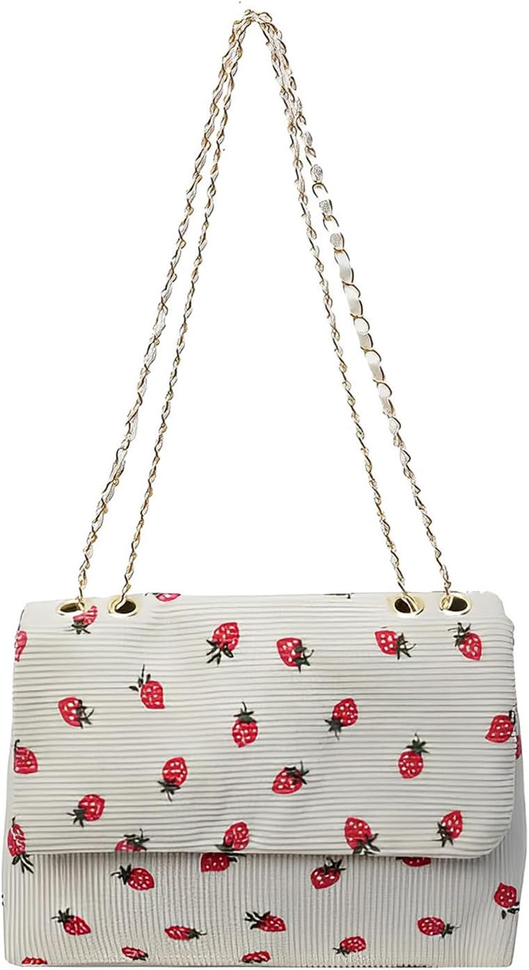 Strawberry Purse Corduroy Tote Bag for Women Cute Aesthetic Crossbody Bag Fashion Chain Shoulder Handbag Canvas Wallet