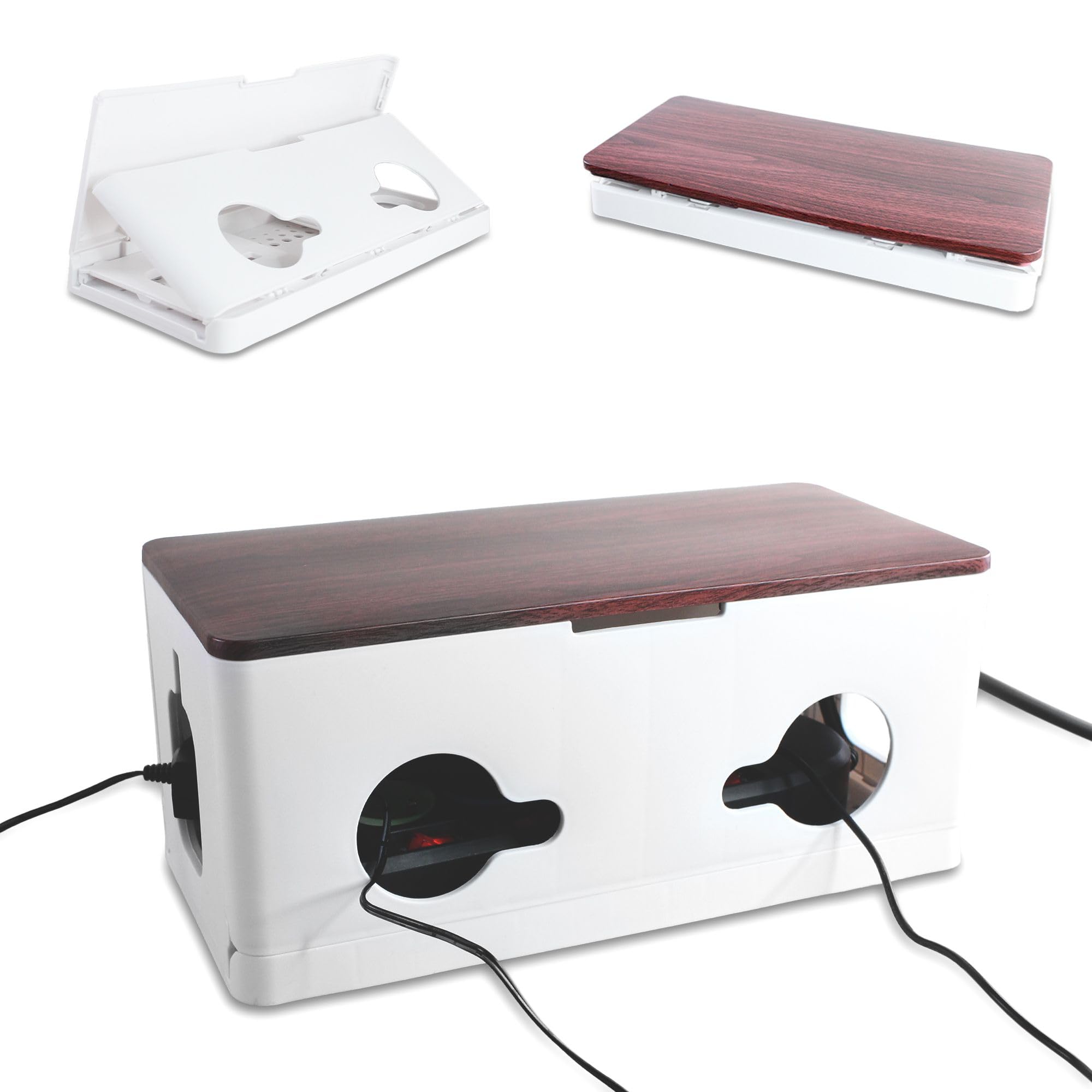 FISHTEC Boîte Cache Multiprise Wood - Organisateur de Câbles et Prises - Design Blanc et Effet Bois - pour Multiprise 5 à 6 Fiches - 34 x 15 x 14,​3 cm