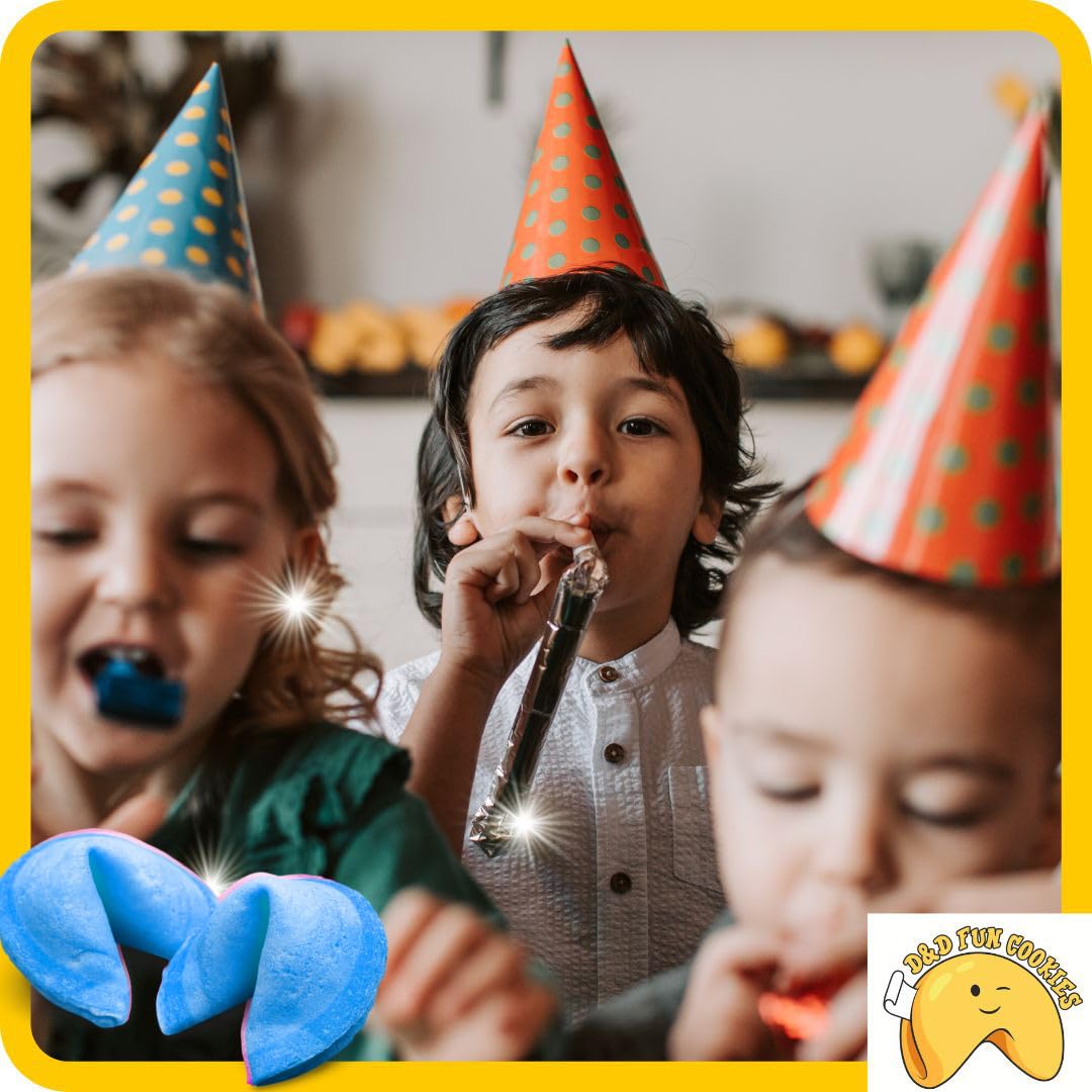 Biscotti cinesi della fortuna, biglietti profetici, biscotti blu, per regalo, compleanno del bambino, festa, per gli ospiti, per la festa, biscotti di buona fortuna, magia, gusto vaniglia (100 pezzi)