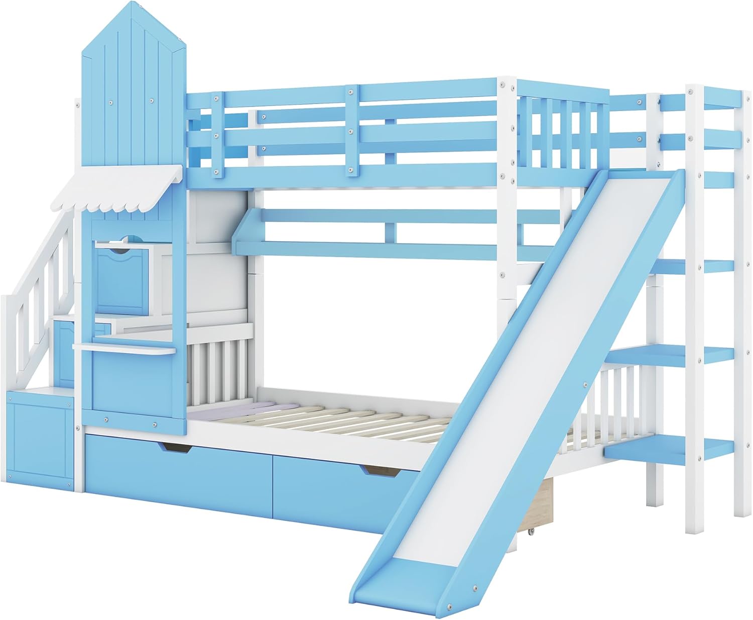 Twin Over Twin Bunk Bed with Slide, Castle Style House Bunk Bed with Storage Staircase, 2 Drawers and 3 Shelves, Solid Wood Bunk Bed Frame with Guardrails for Girls Boys (Blue@057)