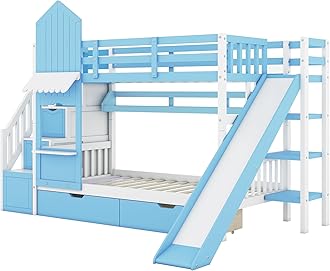 Twin-Over-Twin Bunk Beds Castle Style Bunk Bed with 2 Drawers 3 Shelves and Slide - Blue