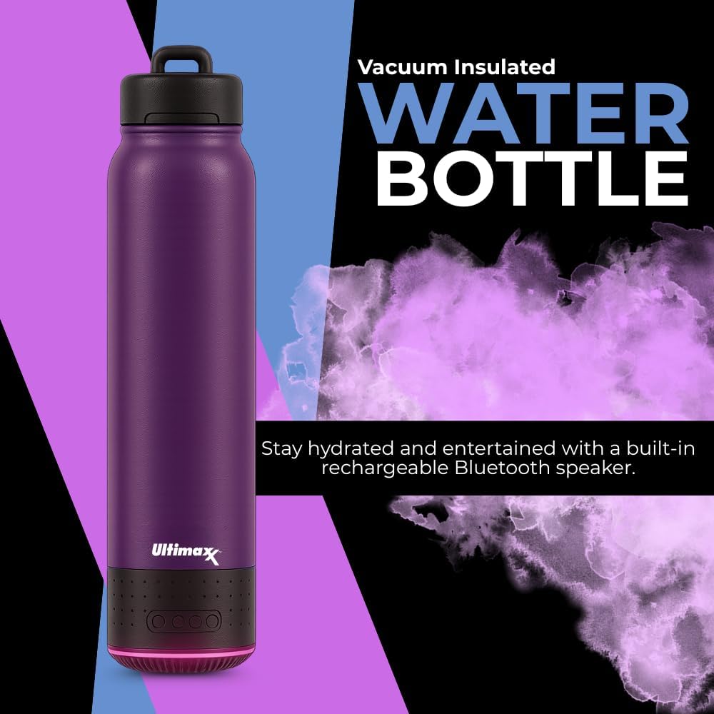 Ultimaxx Vacuum Insulated Premium Water Bottle with Rechargeable Bluetooth Speaker - Steel Double Wall Design + Lights, Convenient drinking spout, Lid Lock, and Carry Handle (700ml/23.6 oz) Purple