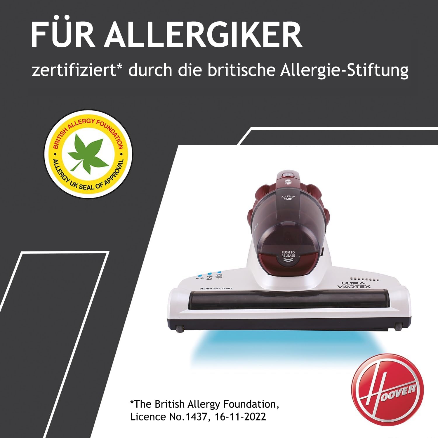 Hoover MBC500 Milbensauger mit UV-Licht, bekämpft Bettwanzen – 3in1 Matratzensauger entfernt 99,9% Bakterien, Allergene, Staub-Milben von Sofas, Polster – Matratzenreiniger für Allergiker