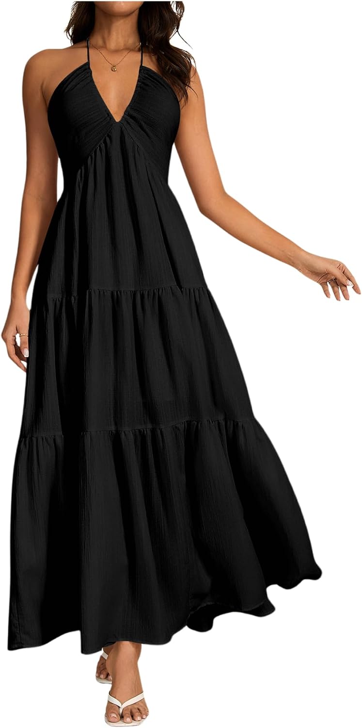 OYOANGLE Women's V Neck Tie Backless Halter Dress Ruched Flowy Wedding Vacation Maxi Dresses