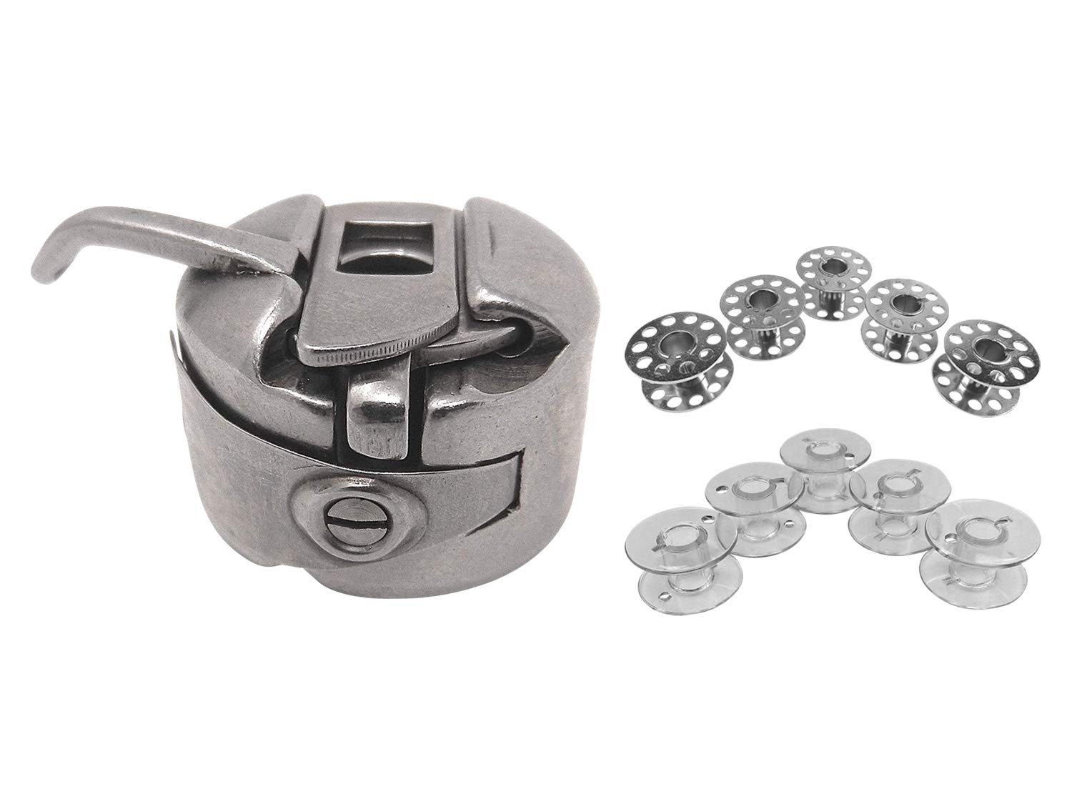CB Bobbin Case + 5 Metal Bobbins + 5 Plastic Bobbins for Singer, Pfaff, Carina, Lidl, Aldi, FIF, TCM, AEG, Privileg, Janome, Veritas, Toyota, Quasatron, Amysa, W 6, etc.