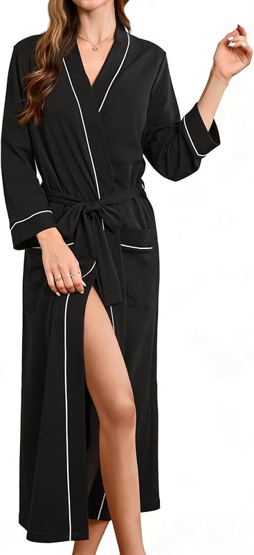 Womens 100% Cotton Robe, Soft Lightweight Long Bathrobe for Home | Soft cotton kimono long robe, V-Neck 3/4 sleeve robe with pockets, Luxurious breathable loungewear for spa, shower, travel
