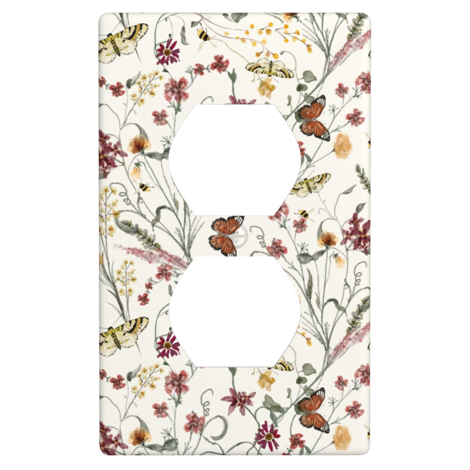 Duplex Receptacle Outlet Covers,Boho Wildflowers and Bee Butterfly 1-Gang Single Duplex Wall Plate Standard Size, Decorative Switchplate Covers