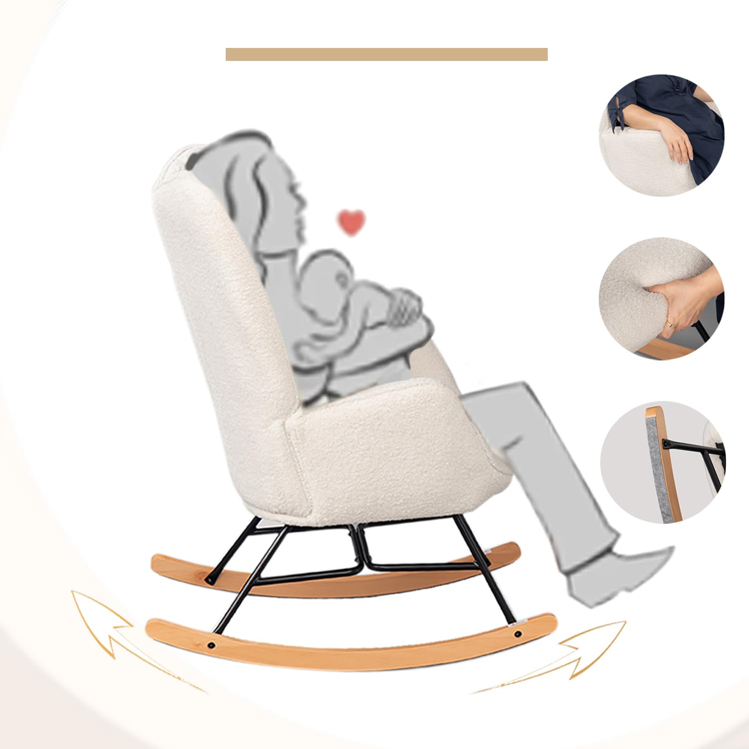 MEUBLE COSY Sedia a Dondolo Poltrona Imbottita Relax con Braccioli Schienale Alto per Soggiorno Cameretta in Tessuto Sherpa con Gambe in Legno, Beige