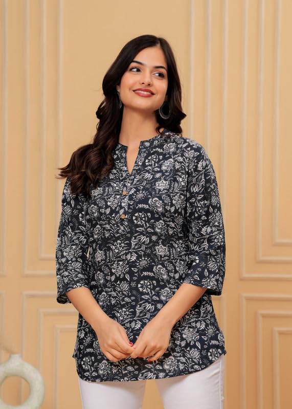Image of Women's Cotton Printed Kurta Top | 3 /4 Sleeve Straight Kurti Casual Outings