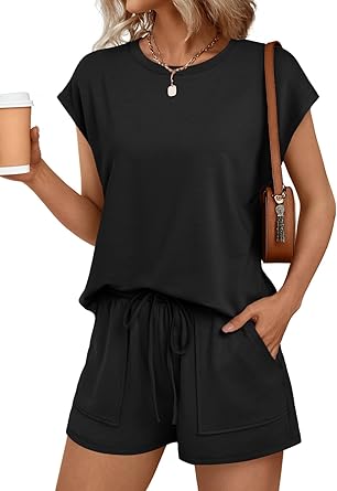 46% off: AUTOMET Womens Crew Neck Two Piece Short Sets Cap Sleeve Drawstring Summer Sweatsuit with Pocket
