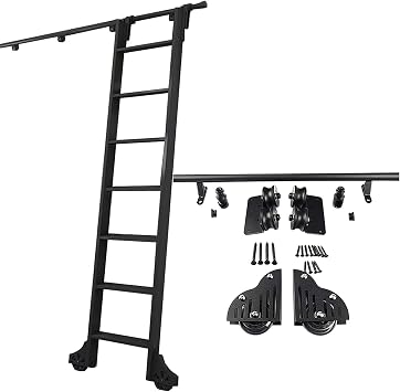 Library Sliding Ladder Hardware Kit 3.3ft-20ft, Rolling Ladder Rails Rustic Black Steel Round Tube Mobile Ladder Tracks with Floor Roller Wheels - No Ladder3.3ft/100cm Track Kit