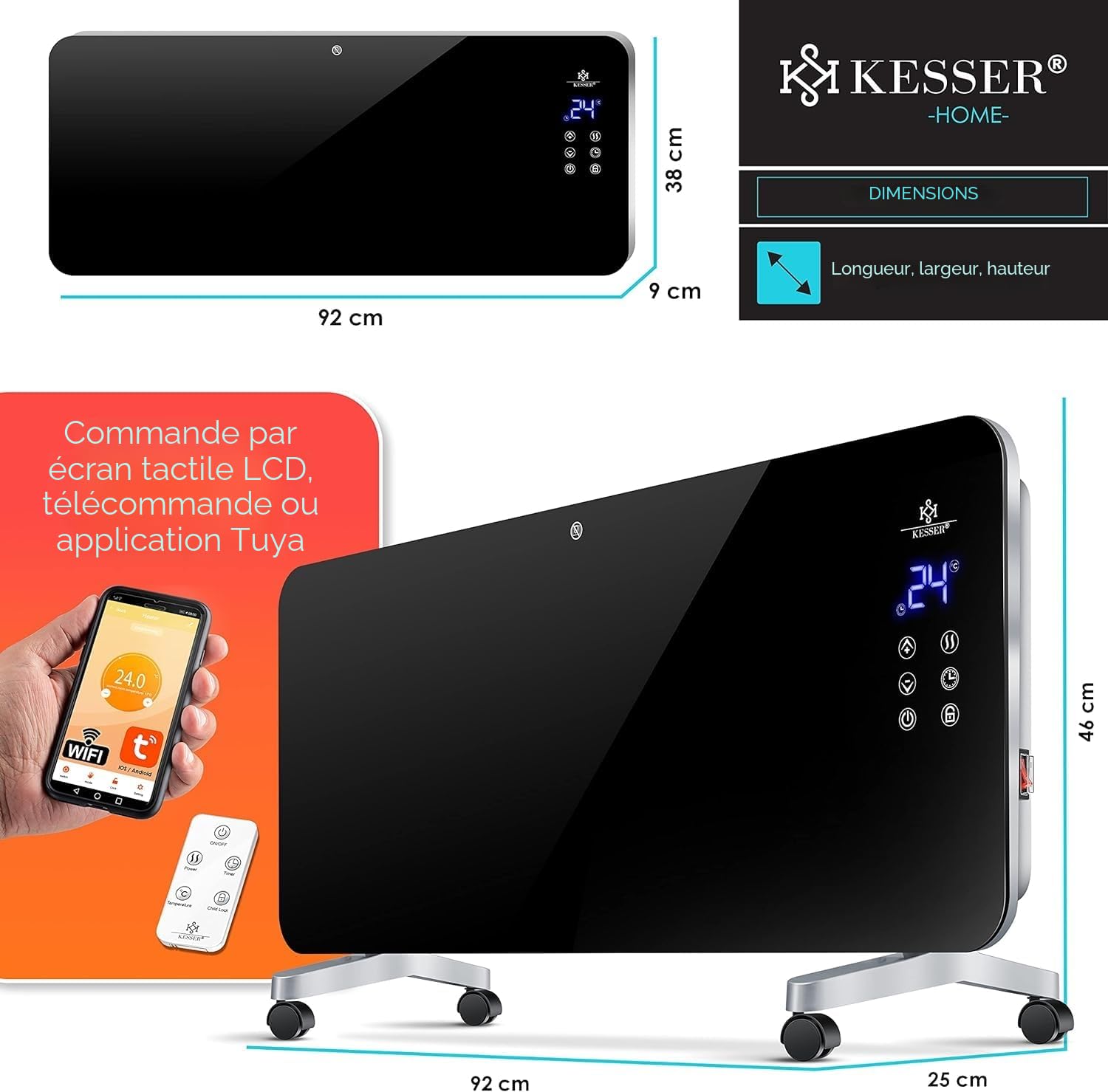 Kesser® Chauffage électrique en verre, convecteur, radiateur électrique, noir