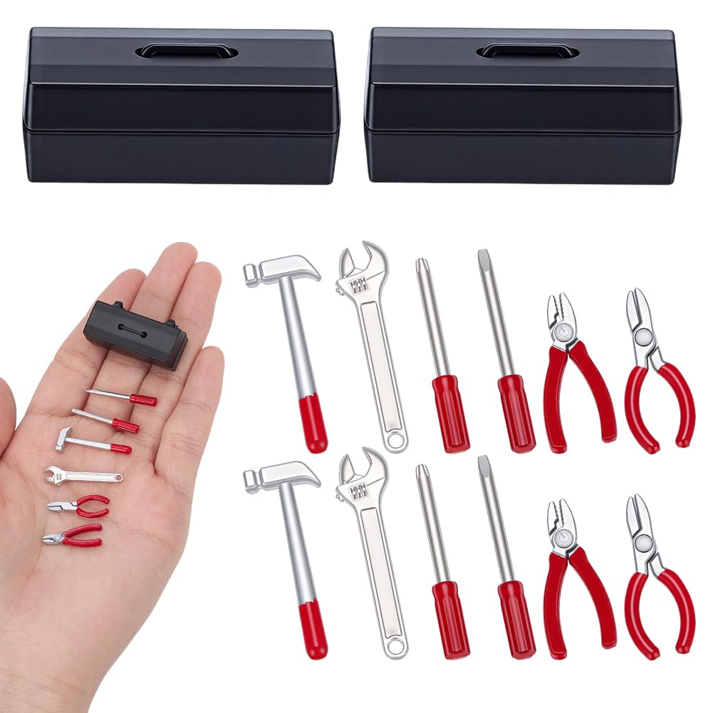 AHANDMAKER Miniature Work Tools Set Mini Tool with Black Toolbox Minihouse Decoration Accessories for Miniature Scene Model Mini House Scene Layout Props Party Favors
