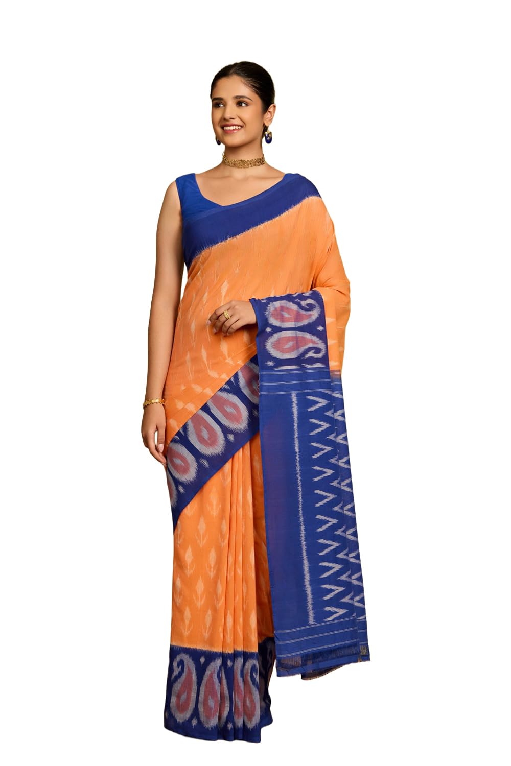 taneira Women Orange Cotton Pochampalli Ikat Saree with Unstitched Blouse (SAPH01AA4383 - Orange)-picture-17