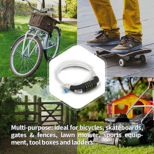 Zarker No90 Bike Lock - 3 Feet High Security 4 Digit Resettable Combination Coiling Bike Cable Lock, 0.9M X 12Mm - 1Pack(White) #TOP4