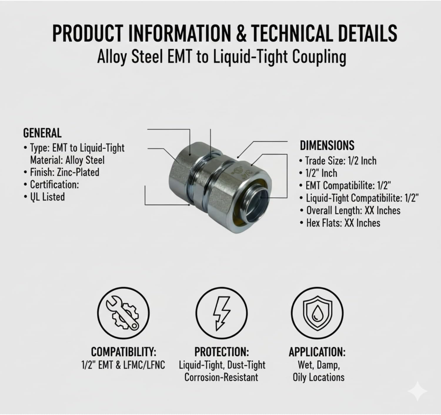 Alloy Steel EMT to Liquid Tight Coupling with Compression Fittings | Durable Connector for Electrical Installs Compatible with 1/2" Conduit Fittings Featuring a Corrosion-Resistant Design