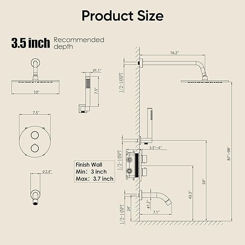 Miniatura 31 de Gabrylly Juego de grifo de ducha para bañera, sistema de ducha de bañera con válvula de ducha de 3 vías, cabezal de ducha de lluvia de alta presión