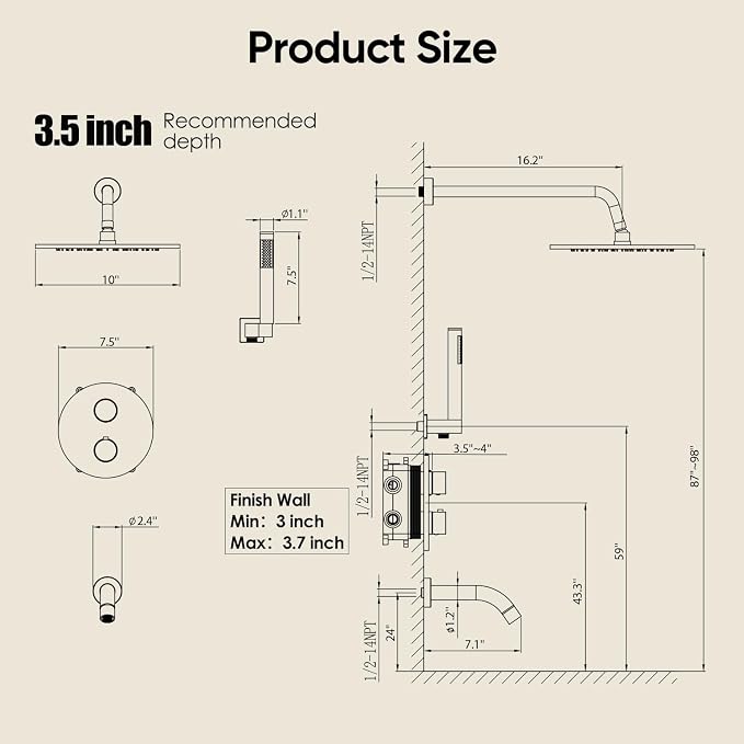 Set de grifería para ducha termostática Gabrylly 10'' negro mate miniatura 2