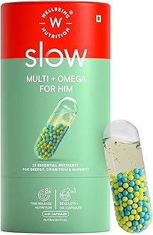 Wellbeing Nutrition Slow Multivitamin for Him | Plant Based 100% RDA of 22 essential Vitamins & Minerals |Caffeine & Ginseng in MCT Oil| Energy, Stamina, Bone & Joint, Immunity & Vitality(60 Capsules)