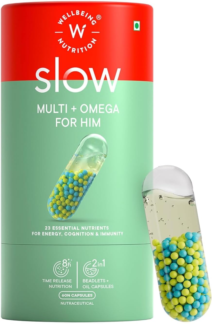 Wellbeing Nutrition Slow Multivitamin for Him | Plant Based 100% RDA of 22 essential Vitamins & Minerals |Caffeine & Ginseng in MCT Oil| Energy, Stamina, Bone & Joint, Immunity & Vitality(60 Capsules)
