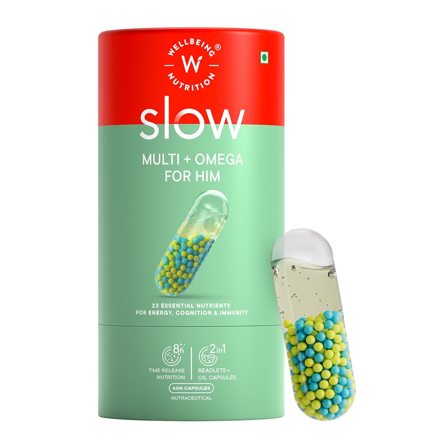 Wellbeing NutritionSlow Multivitamin for Him | Plant Based 100% RDA of 22 essential Vitamins & Minerals |Caffeine & Ginseng in MCT Oil| Energy, Stamina, Bone & Joint, Immunity & Vitality(60 Capsules)