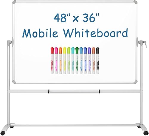 VIZ-PRO Pizarra magnética móvil de doble cara, 48 x 36 pulgadas, con 12 bolígrafos de pizarra blanca de colores
