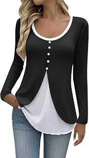 Women Plus Size Tops Crewneck Long Sleeve Fake Two Piece Business Casual Shirt Fall Fashion Soft Color Block Blouse