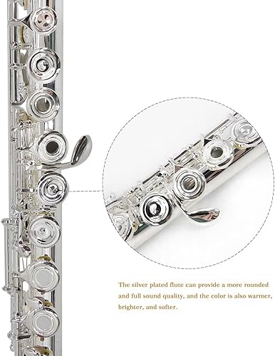 Miniatura 18 de YANASON - Flauta C con agujero cerrado de 16 teclas niquelada para principiantes, niños, estudiantes con estuche de transporte, soporte de metal