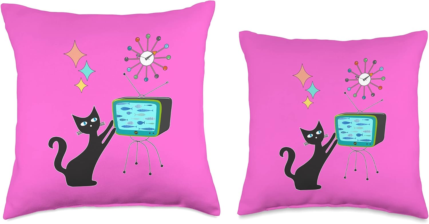 Mid Century Modern Retro Atomic Funny Cat with Fish TV Throw Pillow