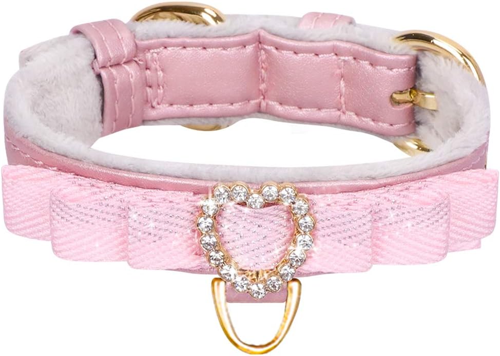 PetsHome Cat Collar, Dog Collar, Premium PU Leather Adjustable Collar with Bow and Rhinestones for Small Dog and Cat Extra Small Rose Gold