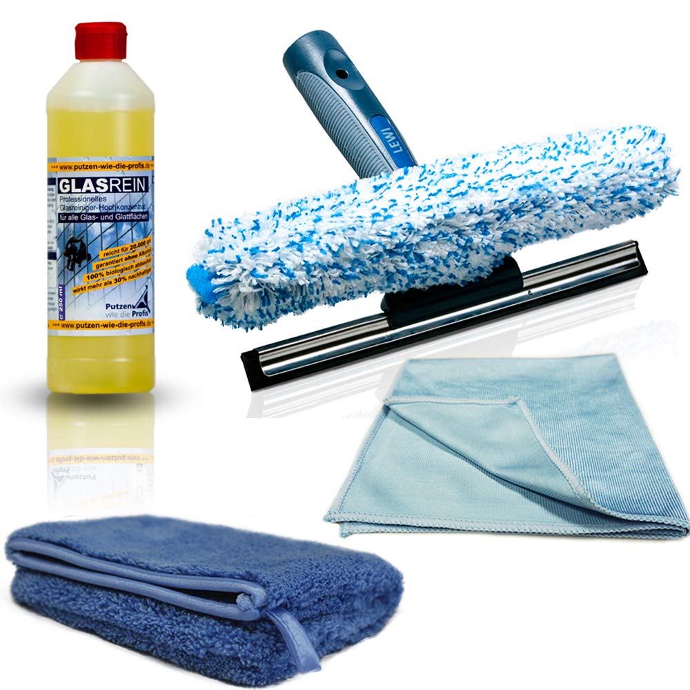Putzen wie die Profis – Fensterreinigungsset Home - Profi-Set mit Fensterwischer, Abzieher 25 cm, 250 ml Glasreiniger, Microfasertuch & Softhandschuh - streifenfrei, vegan & nachhaltig