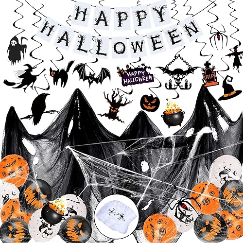 iZoeL Halloween Deko Set, Gruselig Party Stoff, Spiralen Deckendeko, Horror HAPPY HALLOWEEN Girlande, Halloween Latexballons,Mini Spinnen,Spinnennetz Indoor Garten Halloween Dekoration