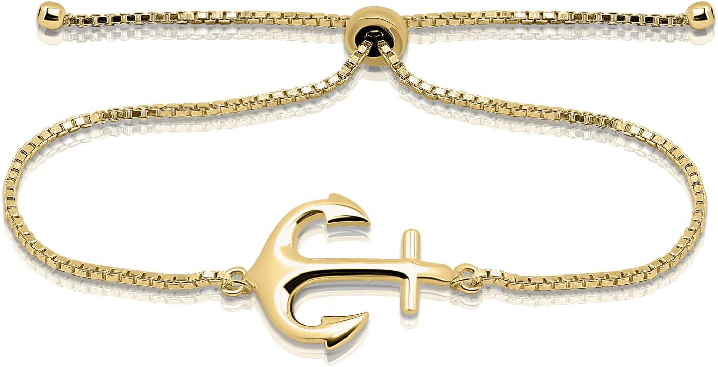 Hoops & Loops 925 Sterling Silver Sailor Anchor High Polished Hypoallergenic Anti-Tarnish Adjustable Bracelet for Women Men, Silver, Yellow Gold & Rose Gold