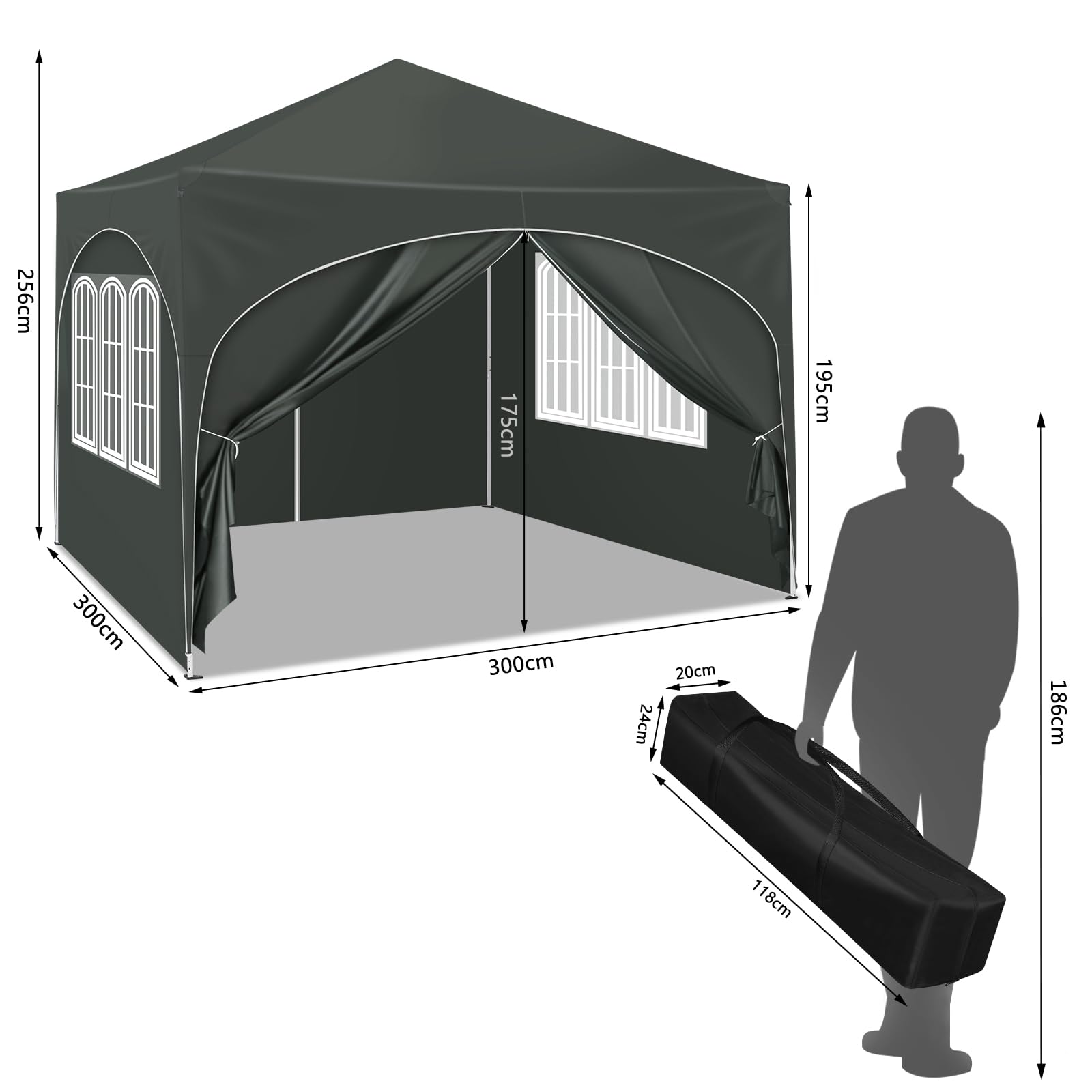 WOLTU Pabellón de Jardín Cenador Plegable Pérgola con Techo Carpa para Exteriores de Tela Oxford, 3x3 m, con Paredes Laterales Altura Ajustable para Camping y Playa,Gris