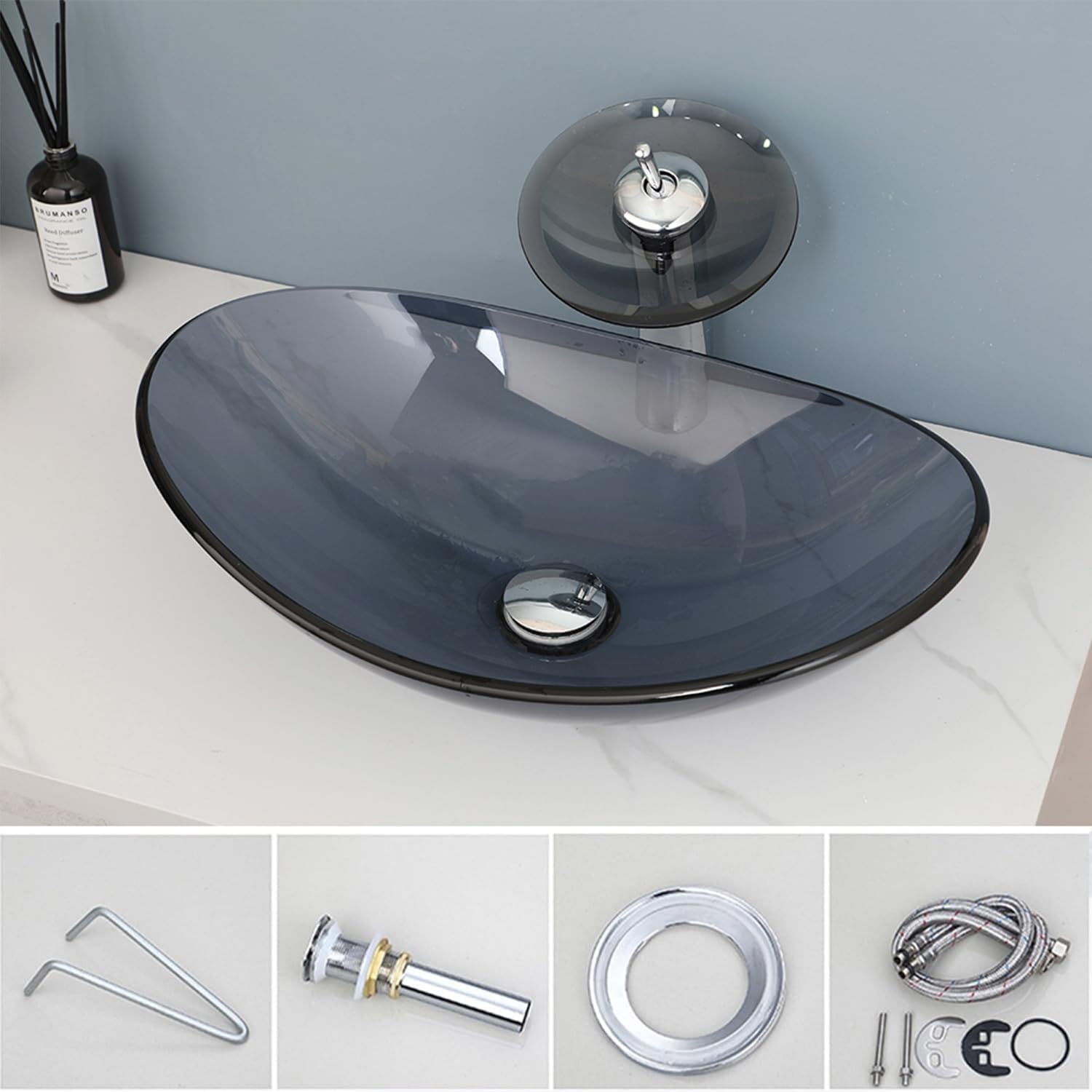 22" x 14" Oval Grey Vessel Sink Glass Sinks Bowl Above Counte, Bathroom Sink with Faucet and Drain Tempered Glass Sinks for Bathroom