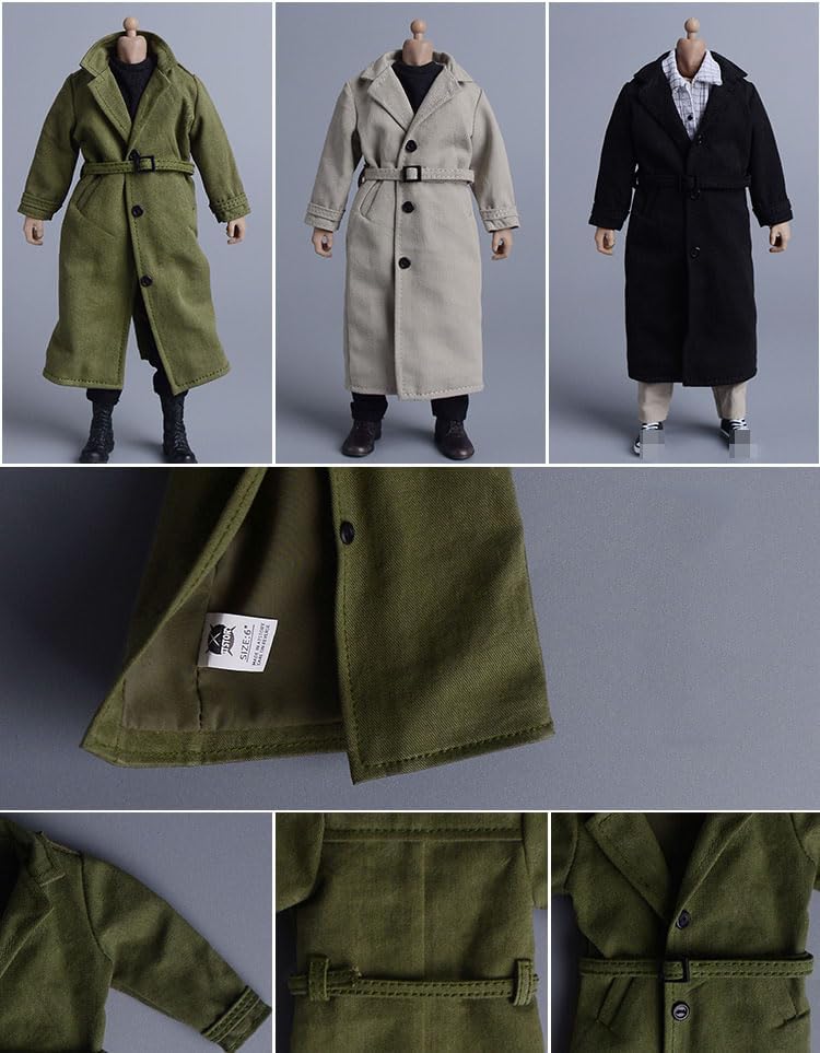 Fremego 1/12 Scale Male Clothes,Men's Long Coat Military Uniform British Style Long Trench Coat Windbreaker Outfit Clothing for 6inch Male Soldier Action Figure Body (Army Green)