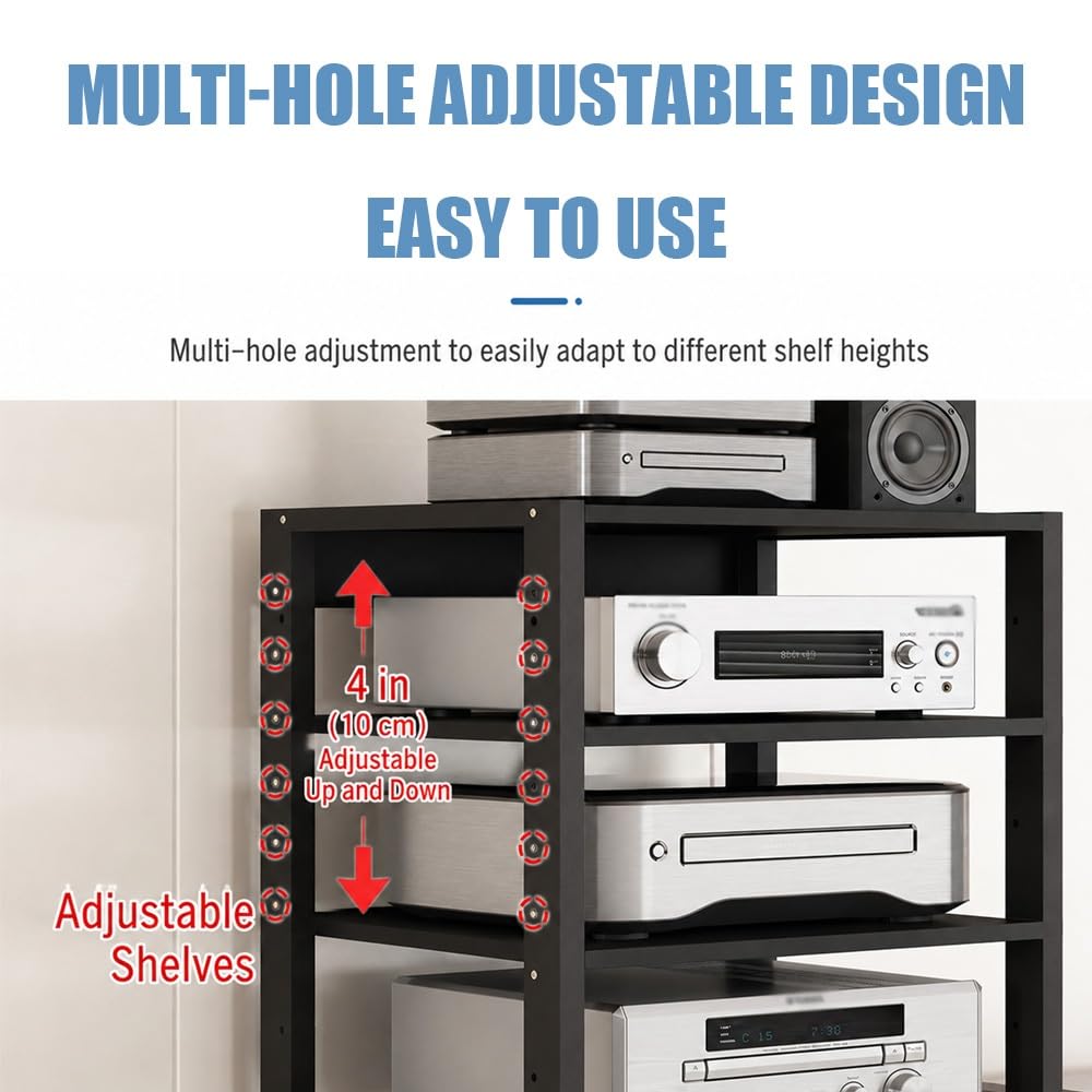 Soporte Multimedia AV Móvil Mueble Equipo HiFi Ajustables En Altura, Estante Medios Audio Video De 3 4 Capas, Gabinete De Almacenamiento HiFi(Black,3-Tier)