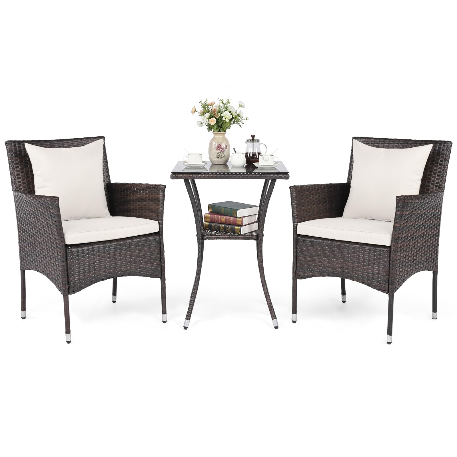 COSTWAY Set da Salotto da Giardino 3 Pezzi, 3 Pezzi Set Mobili da Esterno in Rattan con Tavolo in Vetro Temperato a Doppio Ripiano, Set da Conversazione con Cuscini per Veranda (Marrone+Bianco)