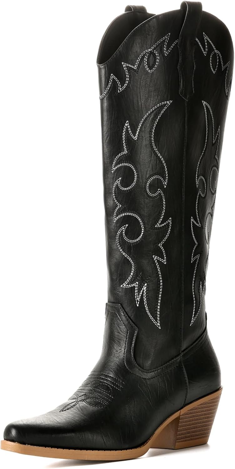 Cowboy Boots for Women Knee High Cowgirl Boots Chunky Heel Pointed Toe With Embroidered Western Shoes, Black, 6.5