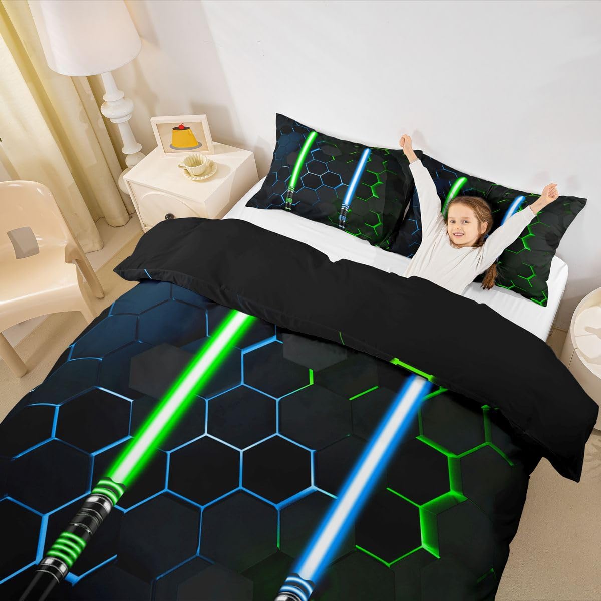 Neon Blue Green Light Up Sword Duvet Cover Set Queen Size Geometric Honeycomb Hexagon Bedding Set Kids Boys Men Gamer Room Decor Fashion Black Comforter Cover Cool 3D Games Quilt Cover,2 Pillowcases image 4