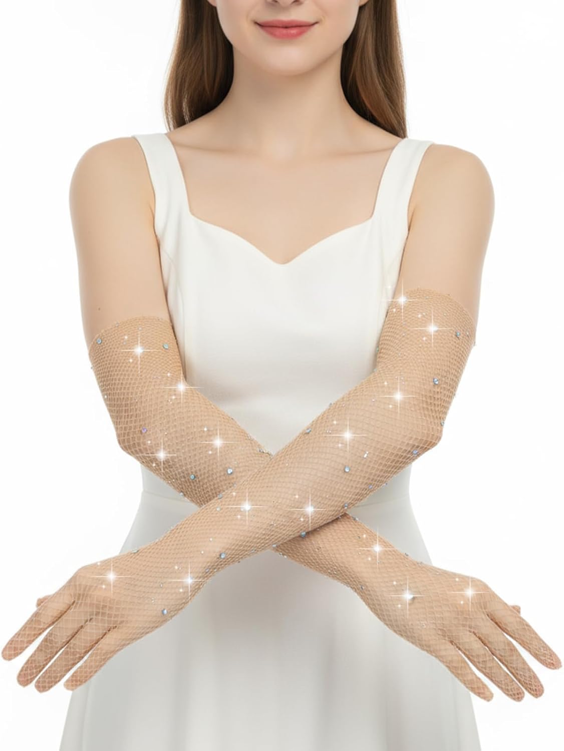 2 Pairs Sparkly Arm Sleeves, Rhinestone Long Fishnet Gloves, Bling Elbow Length Women's Novelty Gloves for Siren Halloween Costume, Mesh rave glove for Party Mermaid Accessories(Nude) - Image 6