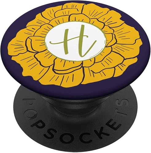 Pretty Caléndula Flor Monograma Letra H Amarillo con PopSockets Azul Agarre y Soporte para Teléfonos y Tabletas, Negro