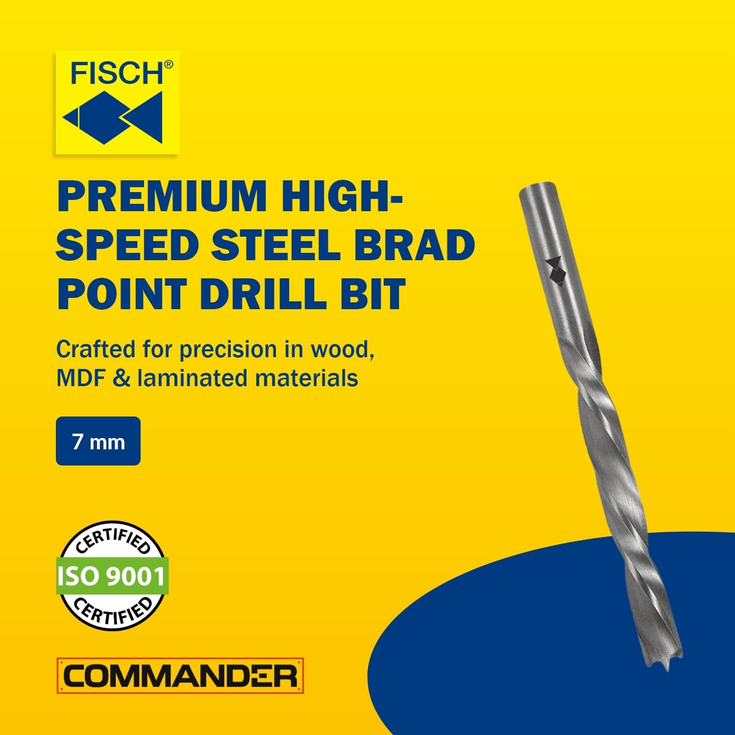 Fisch HSS Double Flute Brad Point Ground Wood Drill Bits, 7mm Inch, Wood Drill Bit, Precision Drilling for Woodworking, Compatible with Standard Drills, DIY & Professional