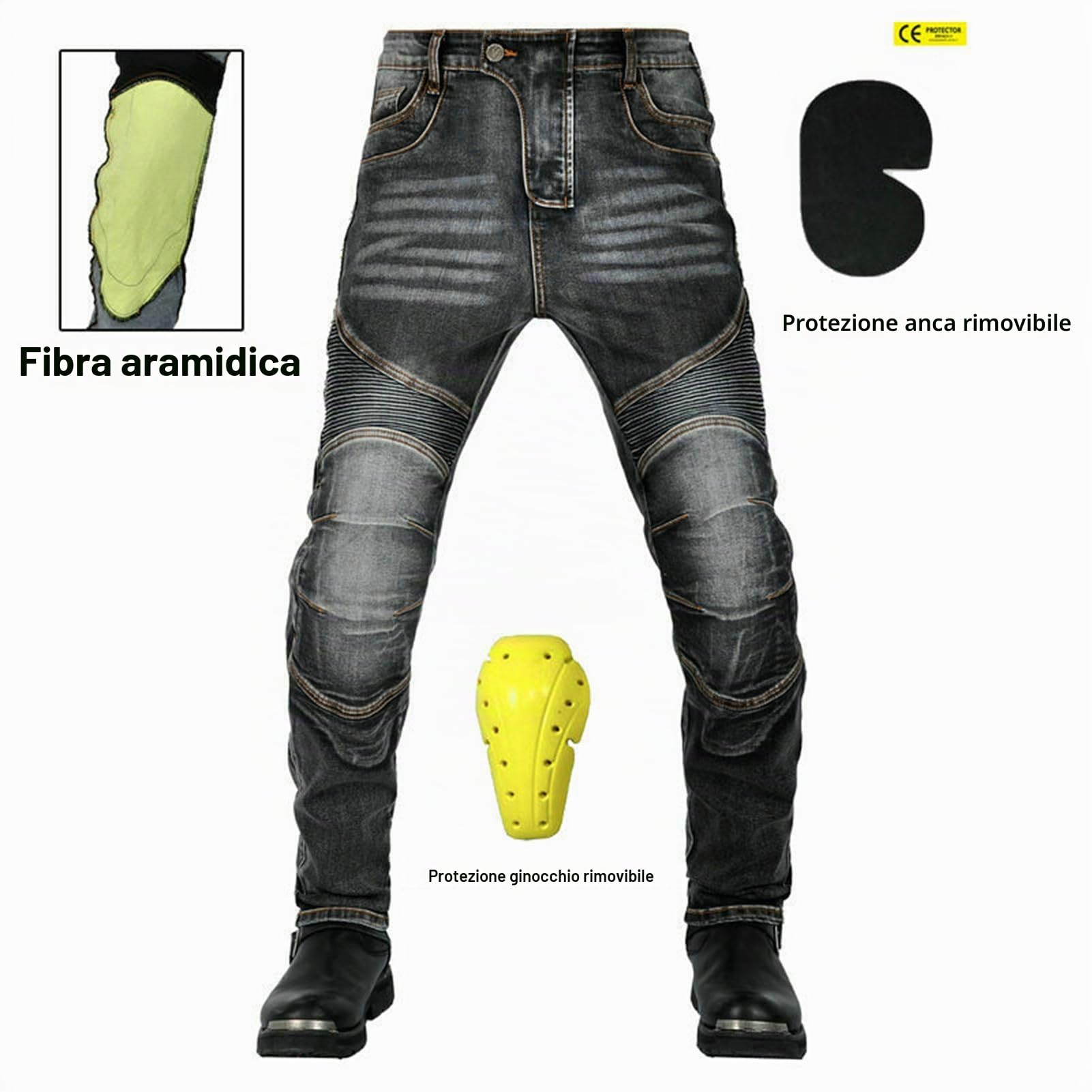 Pantaloni Moto Uomo, Jeans Moto Uomo con Fibra Aramidica, Resistenti all'Usura con 2 Paia di Protezioni su Fianchi e Ginocchia, Cuscinetti Rimovibili (Nero,M)