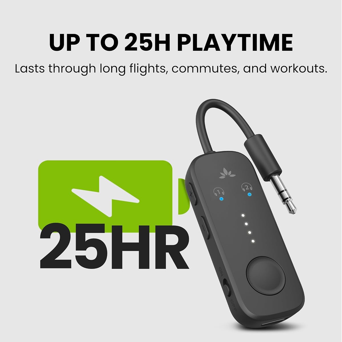 Avantree Relay - Airplane Bluetooth 5.3 Adapter with Qualcomm aptX Adaptive, Supports 2 AirPods or Headphones, 20H Playtime, 3.5mm AUX Jack Wireless Audio Transmitter for Planes, Airline, Travel Black — view 6