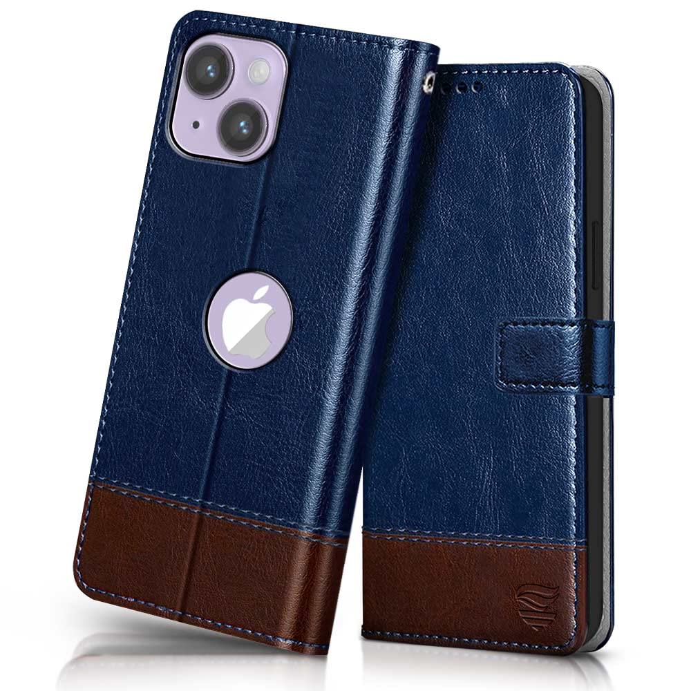 FLIPPED Vegan Leather Flip Case Back Cover for Apple iPhone 14 Plus (Flexible, Shock Proof | Hand Stitched Leather Finish | Card Pockets Wallet & Stand | Blue with Brown)