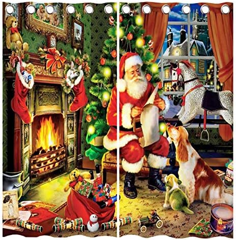 YUANZU Christmas Blackout Curtains, Santa Claus Decor Gift Dog Patterns Feast Theme Microfiber Fabric Eyelet Blackout Curtains for Living Room Bedroom W75cm (29.5") x D166cm (65") 2 Panels