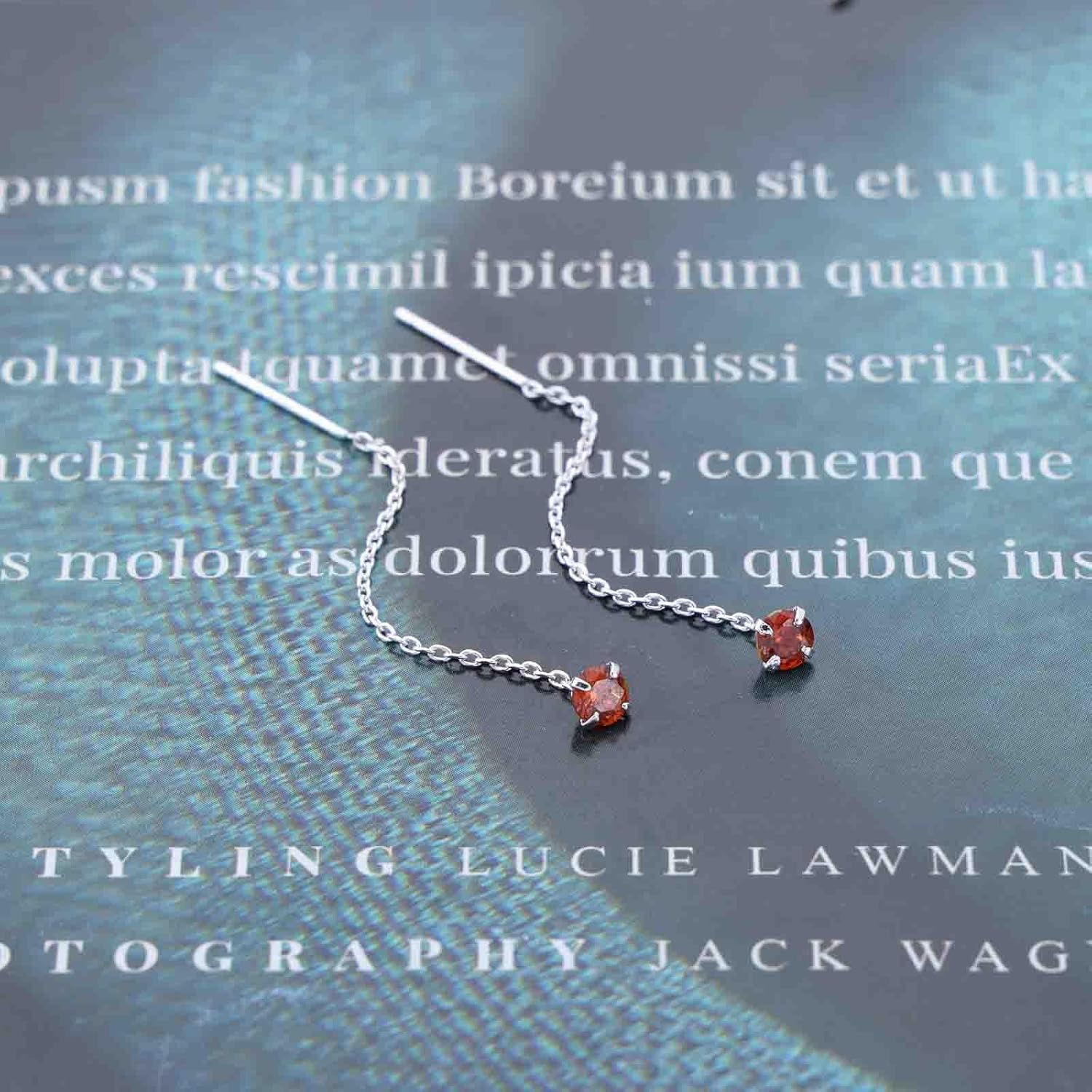 Boho Wedding Dainty Tiny Red Cz Threader Earrings Silver Small Beads Stud Pull Through Earrings Thread Long Chain Tassel Mini Black Crystal Drop Line Bar Dangle Cute Simple Delicate Minimalist Women - Image 3