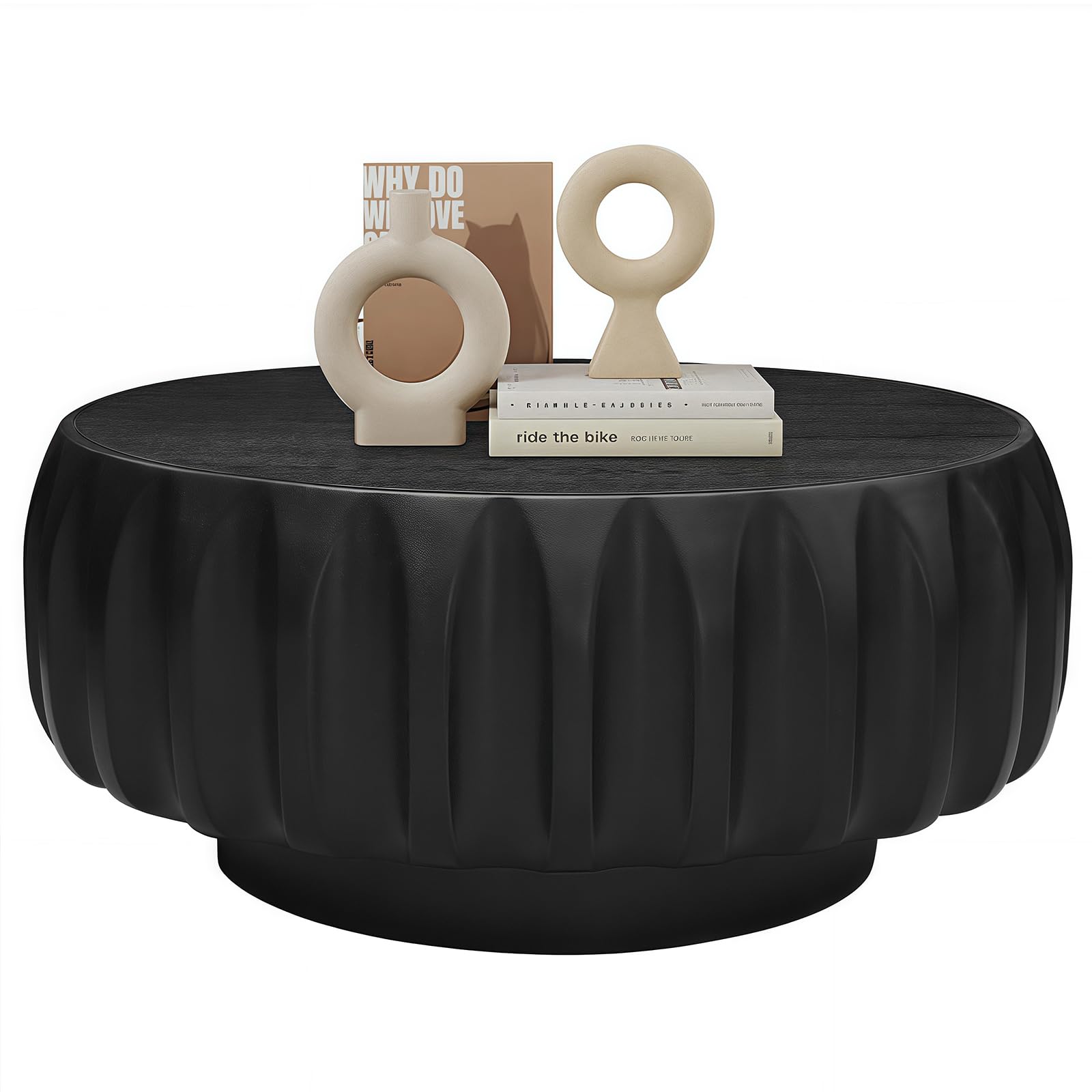 31 5 Drum Coffee Table Modern Unique Fluted Tea Table Contemporary Wood Round Coffee Table with Fluted Centry